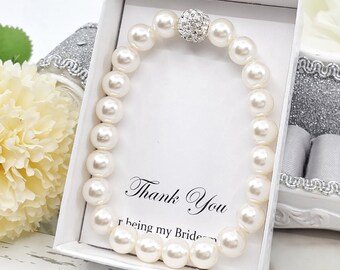 Schlichte 8 mm Perle mit Disco Ball Elastisches Brautjungfer Armband, Hochzeit Braut Armband Geschenk, personalisiertes Brautjungfer Geschenk mit kundenspezifischer Nachricht