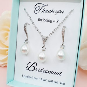 Teardrop Pearl dangle Wedding Earrings and Necklace Set for Bridal Party, Elegant Bridal Bridesmaid Jewelry Set Customize Message Gift