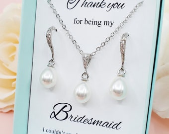 Teardrop Pearl dangle Wedding Earrings and Necklace Set for Bridal Party, Elegant Bridal Bridesmaid Jewelry Set Customize Message Gift