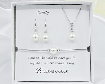 925 Silver Hook Earring Bridesmaid Teardrop Pearl Jewelry Set, Wedding Necklace Earrings Bracelet