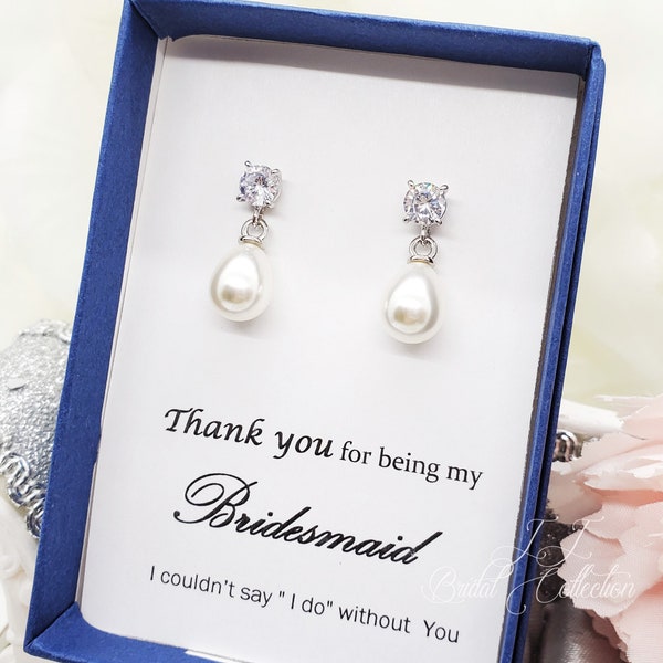 Teardrop Pearl dangle with 925 SILVER Post Bridesmaid Earrings Gift