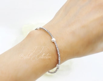 Rhinestone with 4mm pointed pearl Flexible Bridesmaid Bracelet, Bridesmaid Jewelry Gift