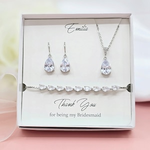 Kleine klassieke druppelvormige kristallen oorbellen, ketting en verstelbare armbandset, bruiloft bruids bruidsmeisje sieraden cadeau