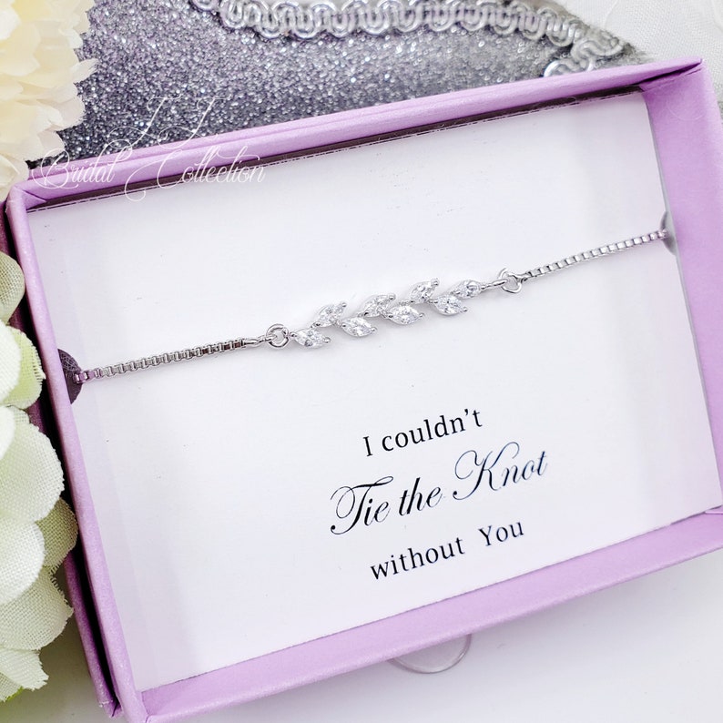 Silver Long Leaves Cubic Zirconia Adjustable bridesmaid Bracelet Gift 
