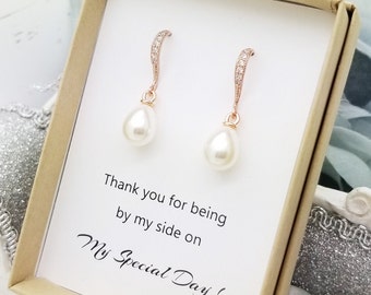 Teardrop Pearl dangle Hook Wedding Bridal Earrings, Handmade Wedding Bridesmaid Pearl Earrings gift,Custom Message Bridesmaid Gift