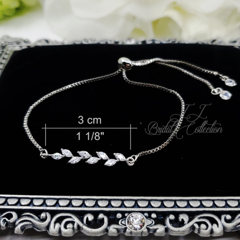 Silver Long Leaves Cubic Zirconia Adjustable bridesmaid Bracelet Gift image 7