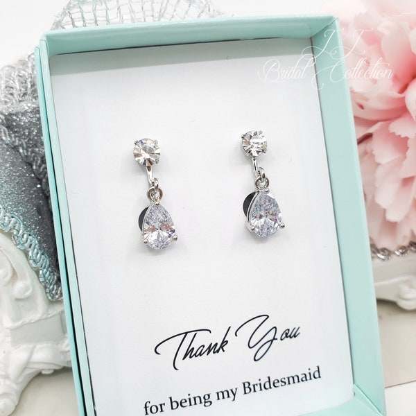 Silver Tiny Teardrop dangle Cubic Zirconia Clip-on Earrings, Flower Girl, Bridesmaid Earrings Gift
