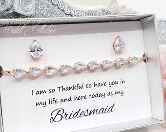 Dainty CZ Teardrop 925 Silver Post Earrings and Adjustable CZ Bridesmaid Bracelet Set, Wedding Bridal Jewelry Set, Gift for Mom