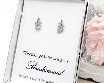 Tiny CZ Leaves Earrings for Bridesmaid, Bridesmaid earrings Gift with message
