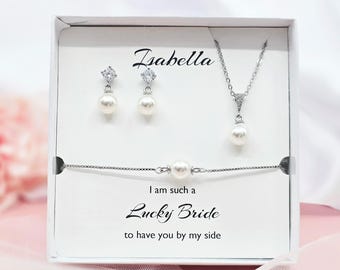8mm Pearl and Crystal with 925 SILVER POST Earrings Necklace and Bracelet Set ,Handmade Wedding Bridal Bridesmaid Jewelry Set Gift