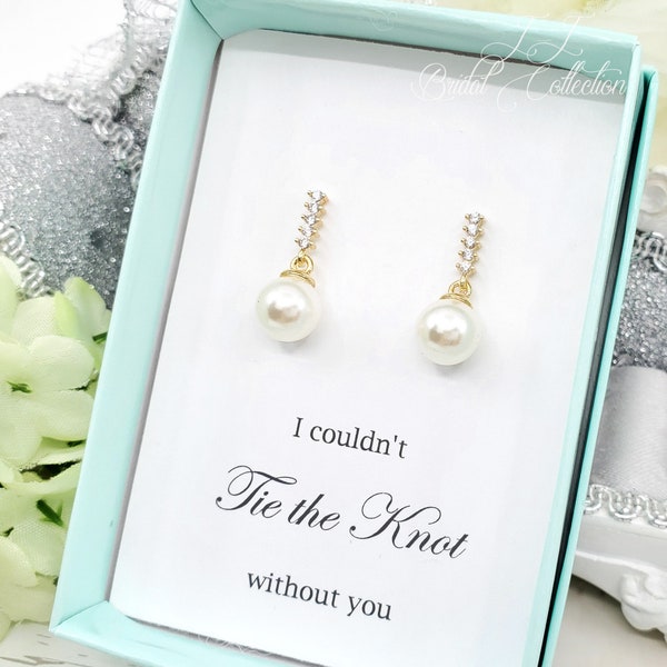 CZ Bar with dangle Round Pearl Earrings, Bridesmaid Gift with message