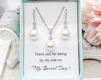 Elegant Pearl dangle 10mm Pearl Earrings Necklace Bridal Jewelry Set, Gift for Her Mom, Wedding Bridesmaid Jewelry Set gift