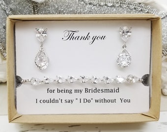 Teardrop Design Earrings with 925 SILVER Post and Bracelet Set, Adjustable Cubic Zirconia Bridesmaid Bracelet set Message Gift Box