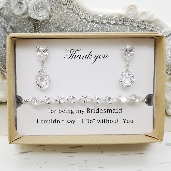 Teardrop Design Earrings with 925 SILVER Post and Bracelet Set, Adjustable Cubic Zirconia Bridesmaid Bracelet set Message Gift Box