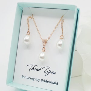 Handmade Teardrop Pearl dangle drop Earrings and Necklace Set, Simple Bridesmaid Jewelry Set, Bridal Party gift