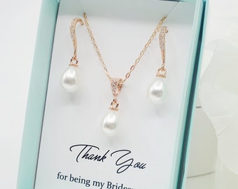 Handmade Teardrop Pearl dangle drop Earrings and Necklace Set, Simple Bridal Bridesmaid Wedding Jewelry Set, Bridal Party gift, Gift for Her