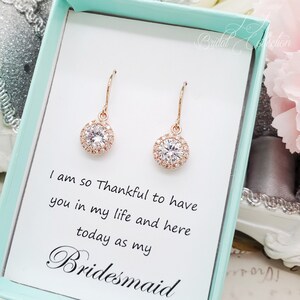 Elegant Halo Round Simple CZ Wedding Bridal Earrings,Custom Message Bridesmaid Gift,Bridal Party gift, Sparkling CZ Dangle Earrings