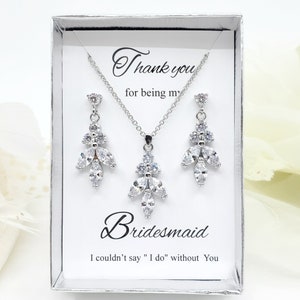 Wedding Leaves dangle drop Cubic Zirconia Earrings and Necklace Set, Bridal Bridesmaid Jewelry Set Gift, Gift for Mom Bridal Party Gift