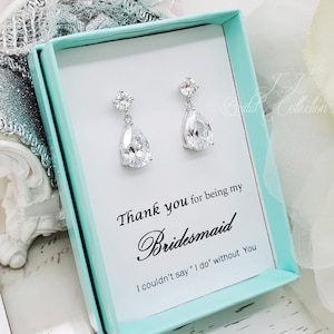 925 Silver Post Small Classic Teardrop CZ Dangle Wedding Bridal Earrings, Bridesmaid earrings Gift,Bridal Party gift, Custom Message Gift