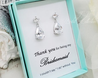 925 Silver Post Small Classic Teardrop Cubic Zirconia Dangle Earrings,Bridesmaid earrings Gift