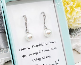 8mm Elegant Pearl dangle Wedding Bridal Earrings, Bridesmaid Earrings Gift, Custom Message Bridesmaid Gift, Gift for Her