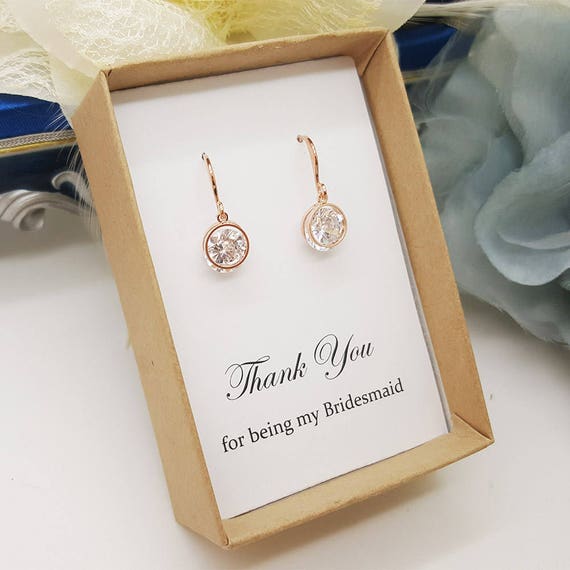 Rose Gold Round shape Crystal bridesmaid Earrings with message | Etsy