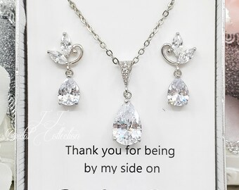 925 Silver Post, Cute Leaves with dangle Teardrop Earrings and Classic Teardrop CZ Necklace Bridesmaid Jewelry gifts