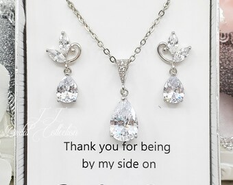 925 zilveren post, schattige bladeren met bungelen Teardrop oorbellen en klassieke Teardrop CZ ketting bruidsmeisje sieraden geschenken