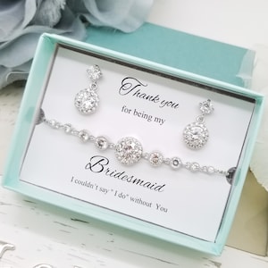 Flat Halo with crystals Slide Bracelet and Lovely Round Cubic Zirconia 925 SILVER POST dangle Earrings, Bridesmaid gift set