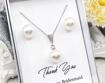 Elegant 10mm Pearl 925 Silver Post Earrings and Necklace Set, Wedding Bridal Bridesmaid Pearl Customize Message Jewelry Set Gift