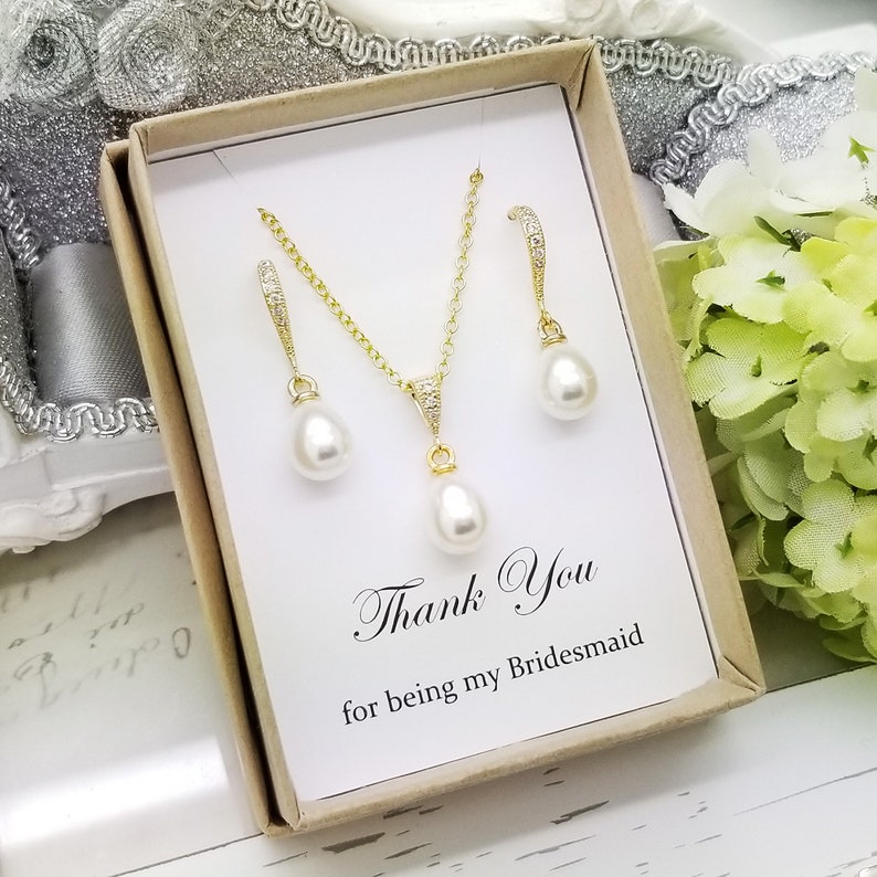 Teardrop style Pearl dangle GOLD Earrings and Necklace Set Elegant Bridesmaid Jewelry Set gift