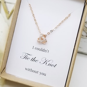 Wedding Tie the Knot Necklace with CZ, Bridesmaid Necklace jewelry gift, Gift for Mom, Bridal Party Gift,Custom Message Bridesmaid Gift