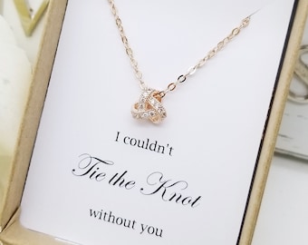 Wedding Tie the Knot Necklace with Cubic Zirconia , Bridesmaid Necklace jewelry gift, Gift for Mom, Bridal Party Gift