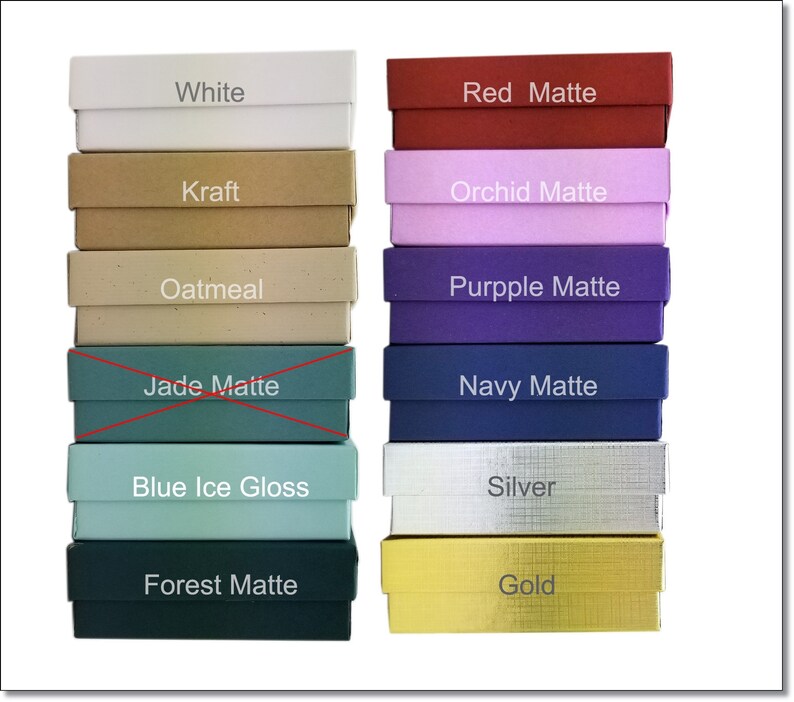 May include: A stack of 12 small gift boxes in various colors and finishes, including white, red matte, kraft, orchid matte, oatmeal, purple matte, jade matte, navy matte, blue ice gloss, silver, forest matte, and gold.