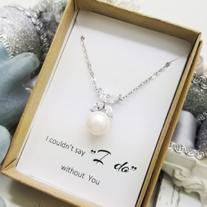 Flower Cubic Zirconia with Pearl Bridesmaid Necklace, Wedding Bridal Necklace, Custom Message Bridesmaid Gift, Gift for Her Wedding