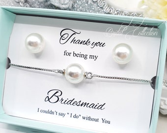 10mm Simple Pearl adjustable wedding bracelet and 925 Silver Post Pearl Earrings Set, Bridesmaid Gift, Flower girl bracelet