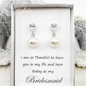 Simple Teardrop Crystal with 10mm Creamy Pearl 925 SILVER POST Bridesmaid Earrings, Bridesmaid Earrings Gift,