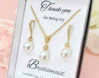 Wedding Teardrop Pearl dangle ear wire Earrings and Necklace Set, Bridesmaid Jewelry Set gift, Wedding Party Gift Ideas, Customize Message