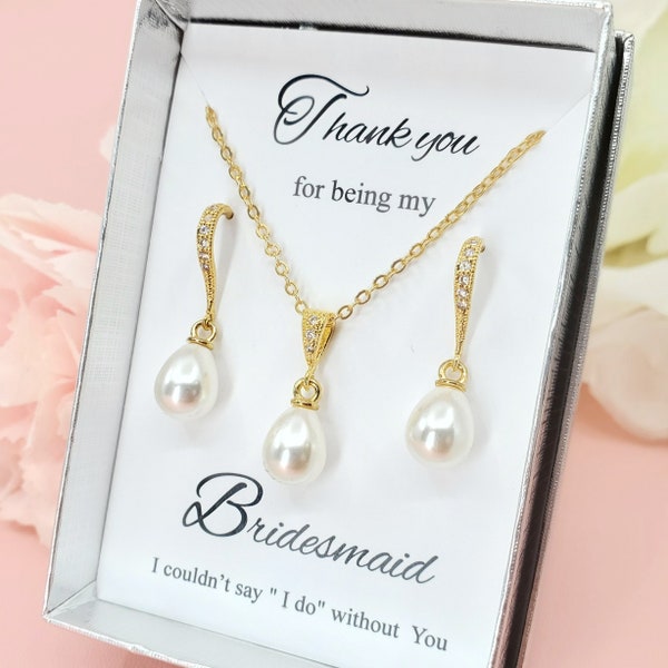 Teardrop Pearl dangle ear wire Earrings and Necklace Set, Bridesmaid Jewelry Set gift, Wedding Party Gift Ideas