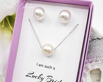 Wedding Pearl Necklace and Earrings Set, Bridesmaid Jewelry Gift, Creamy White Pearl