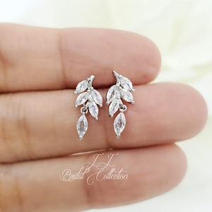 Tiny Leaves Cubic Zirconia Best friend Bridesmaid Earrings, Dainty leaf earrings for Flower Girl, bridesmaid wedding Jewelry Gift