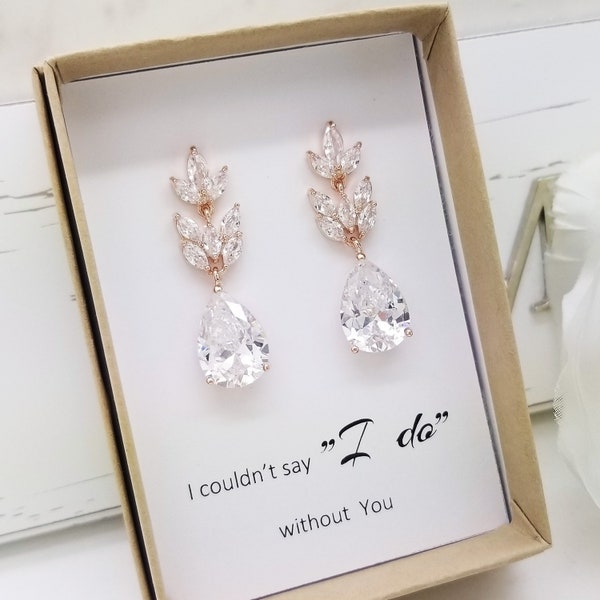 Wedding Romantic Teardrop with Long leaves CZ  Bridal Earrings, Bridal Party gift, bridal jewelry, Custom Message Bridesmaid Gift