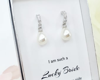 Perlenohrringe im Tropfen-Stil mit halbkreisförmigen Zirkonia-Ohrringen, elegante Brautjungfern-Ohrringe als Geschenk
