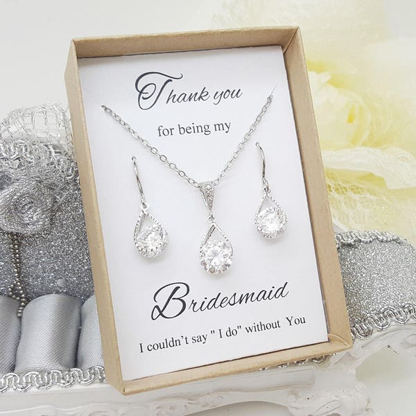 Teardrop Design with Round shape Crystal Earrings Necklace Set,Bridesmaid Gift Message Box