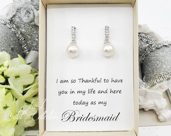 CZ Bar with dangle Round Pearl Earrings, Bridesmaid Gift with message