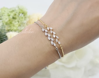 Long Leaves Cubic Zirconia Adjustable Bridesmaid Bracelet Gift, Wedding Bridal Jewelry Bracelet, Custom Message Bridesmaid Gift