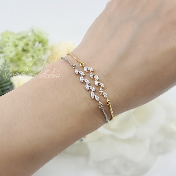 Rose Gold Long Leaves Cubic Zirconia Adjustable bridesmaid Bracelet Gift