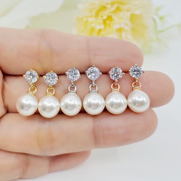 Simple CZ with 8mm Pearl dangle 925 SILVER POST Bridesmaid Earrings Gift, Wedding Bridal Jewelry