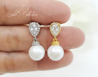 Graceful Teardrop Cubic Zirconia with Dangle shell Pearl Wedding Earrings, bridesmaid Jewelry Gift, Wedding Bridal Party Gift