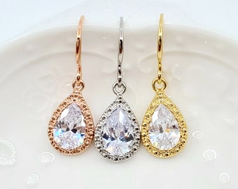 Flat and Simple Dangle Teardrop Cubic Zirconia Earrings, Bridesmaid Earrings Gift